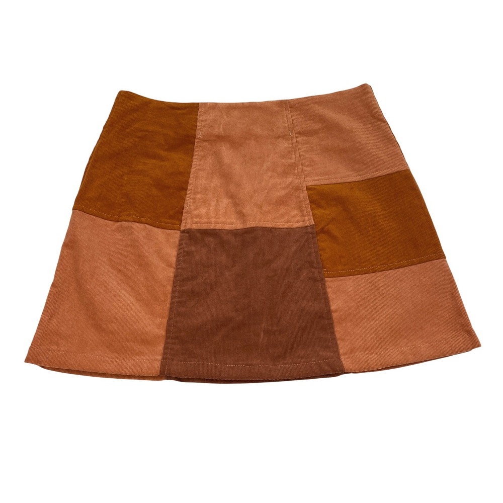 Womens Corduroy Mini Skirt Size Medium Colorblock Brown Rust Retro Autumn Indie